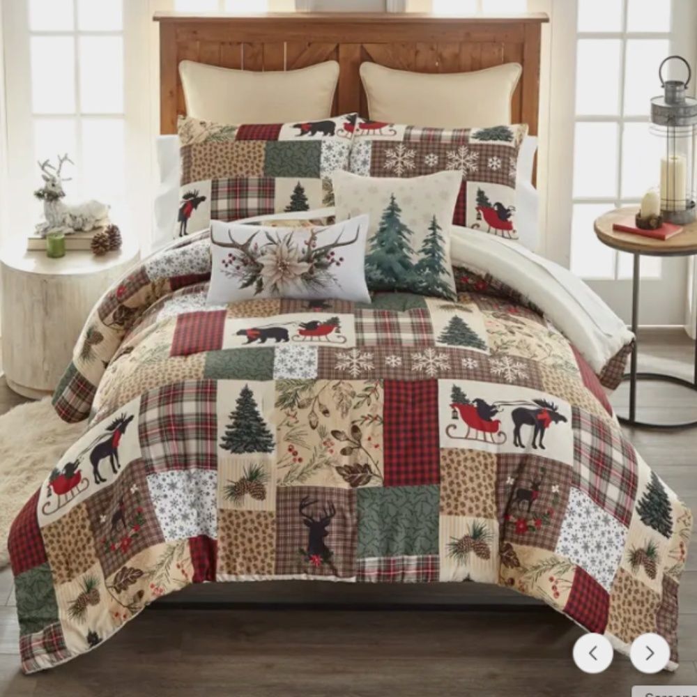 Christmas Holiday Patchwork King Comforter Set Holly Sleigh Plaid Farmhouse